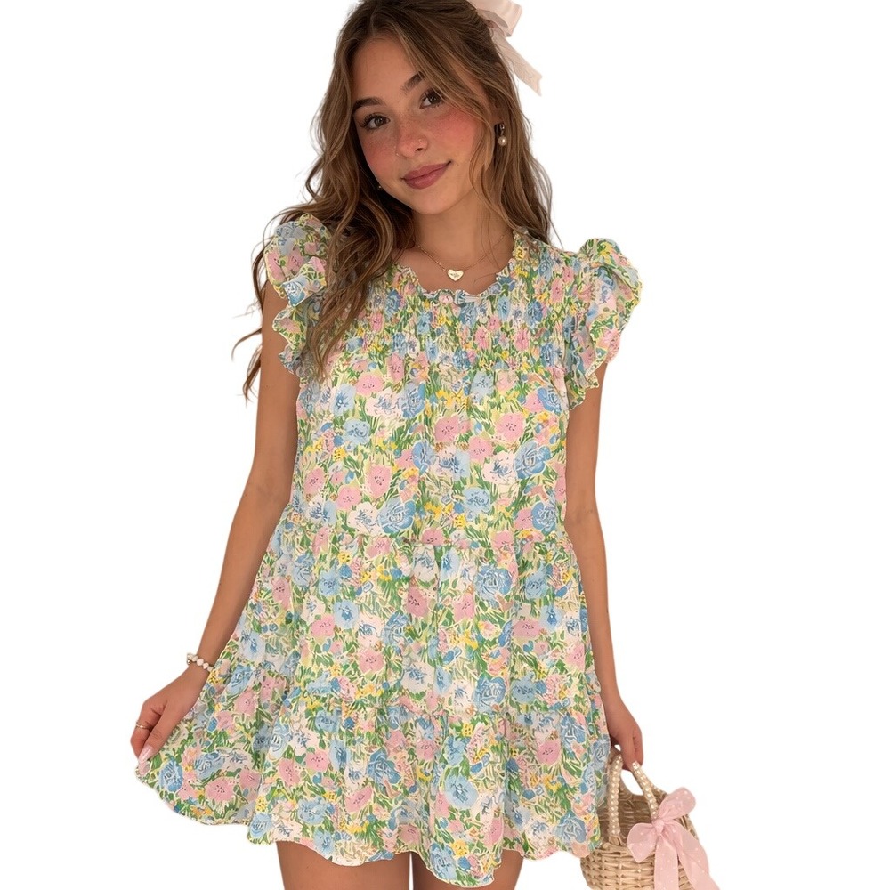 Aakaa Women's Floral Printed Ruffled Baby Doll Smocked Shift Mini Dress Sz S